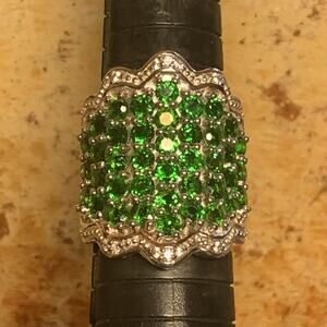 Pinctore Ring Size 8 Sterling Silver, Chrome Diopside & White Zircon Cocktail